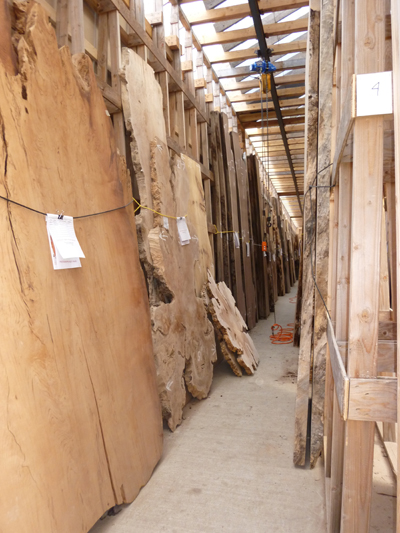 Large aisle in one of Berkshire Products buildings show many large wood slabs and burls
