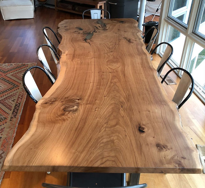 English Elm live edge wood dining room table from a slab from Berkshire Products